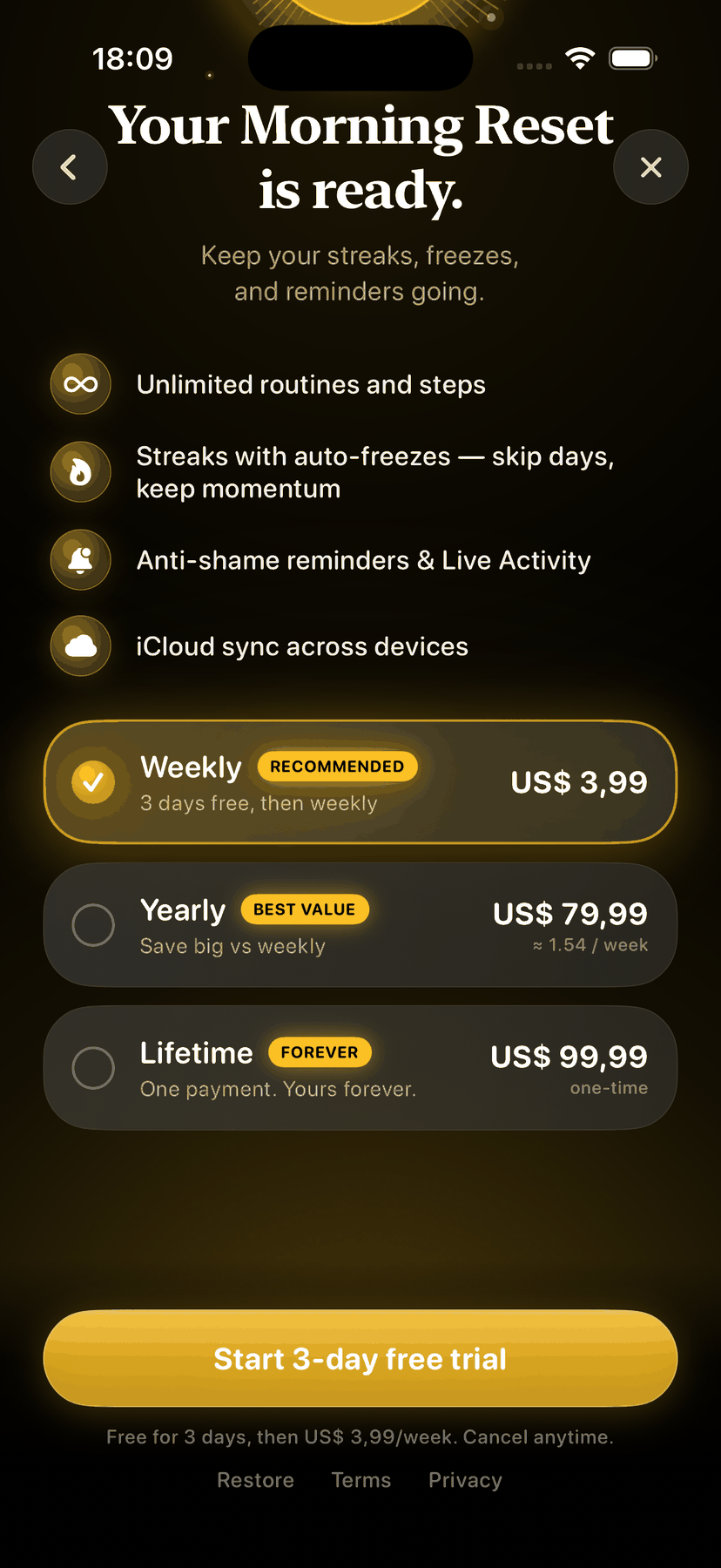 Paywall with weekly, yearly, lifetime plans